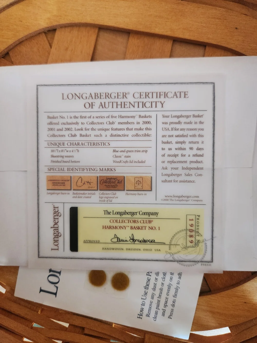 Longaberger 2000 Collectors Club Harmony #1 Basket & Lid Set - New in Box!
